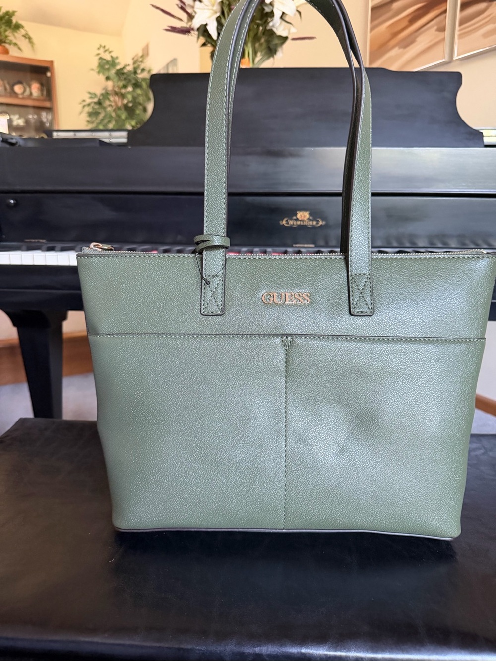GUESS Olive Green Shoulder Tote with Gold Logo Hardware